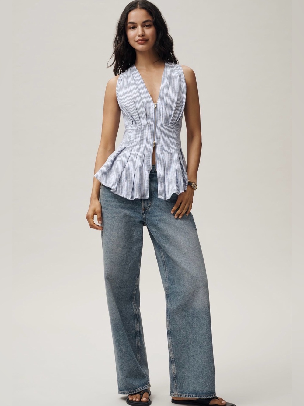 Anthropologie Maeve Sleeveless Zip Front Peplum Top in Blue Stripe